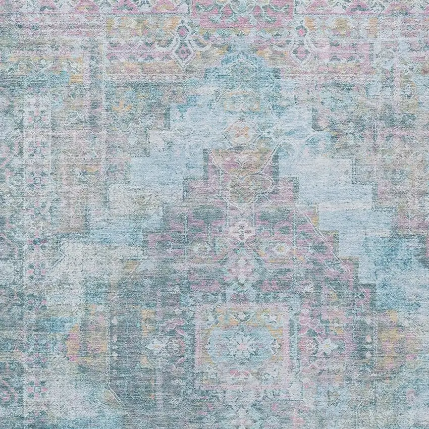 Blue And Pink Medallion Washable Indoor Outdoor Area Rug Photo 7
