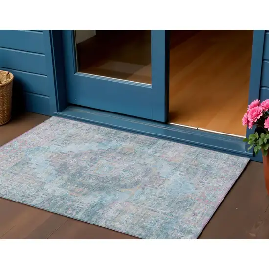 Blue And Pink Medallion Washable Indoor Outdoor Area Rug Photo 1