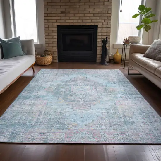 Blue And Pink Medallion Washable Indoor Outdoor Area Rug Photo 7