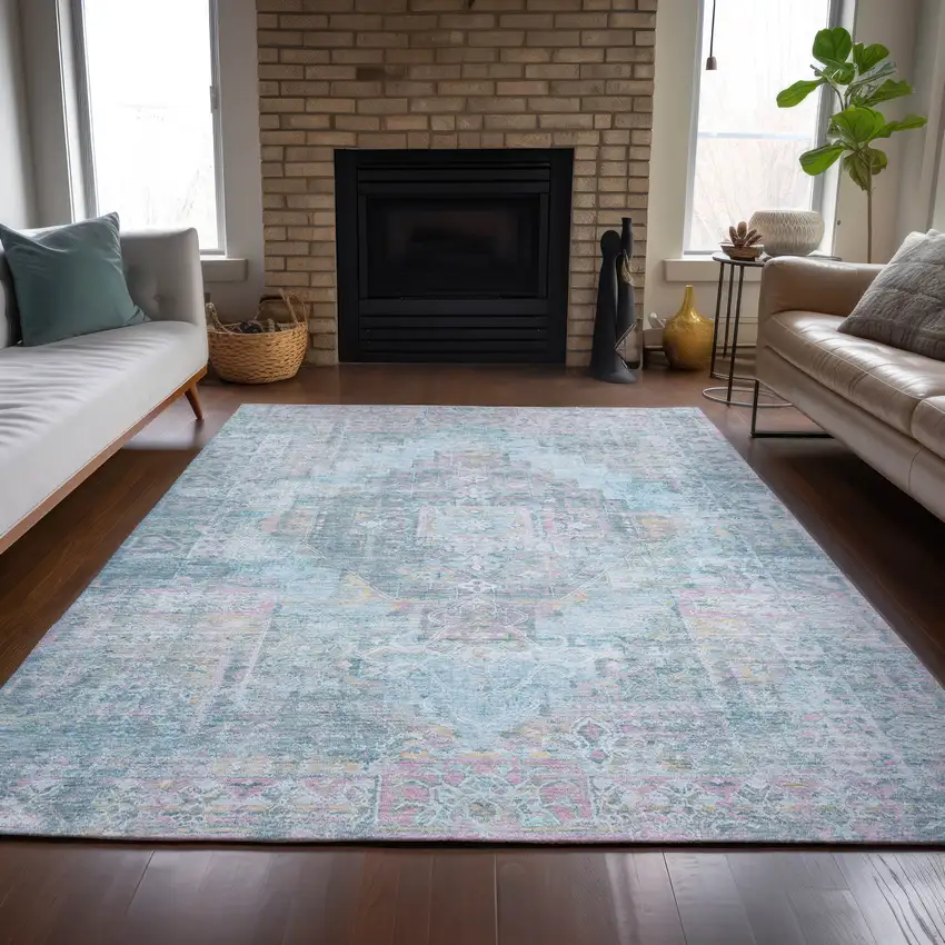 Blue And Pink Medallion Washable Indoor Outdoor Area Rug Photo 7