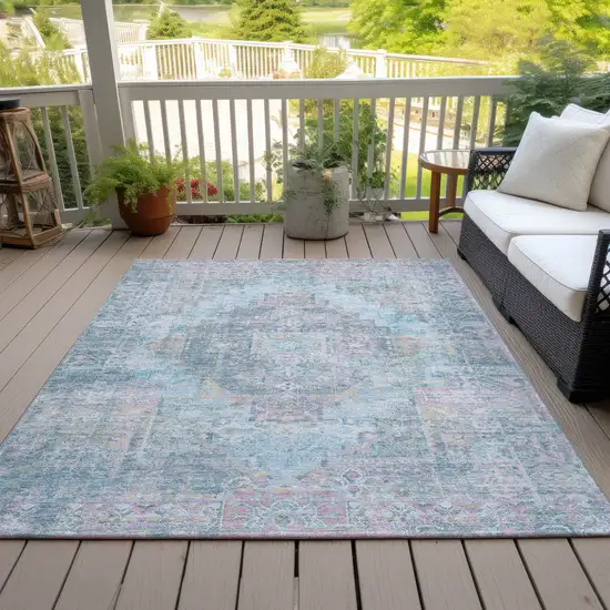Blue And Pink Medallion Washable Indoor Outdoor Area Rug Photo 5