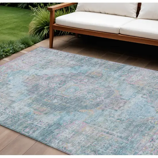 Blue And Pink Medallion Washable Indoor Outdoor Area Rug Photo 1