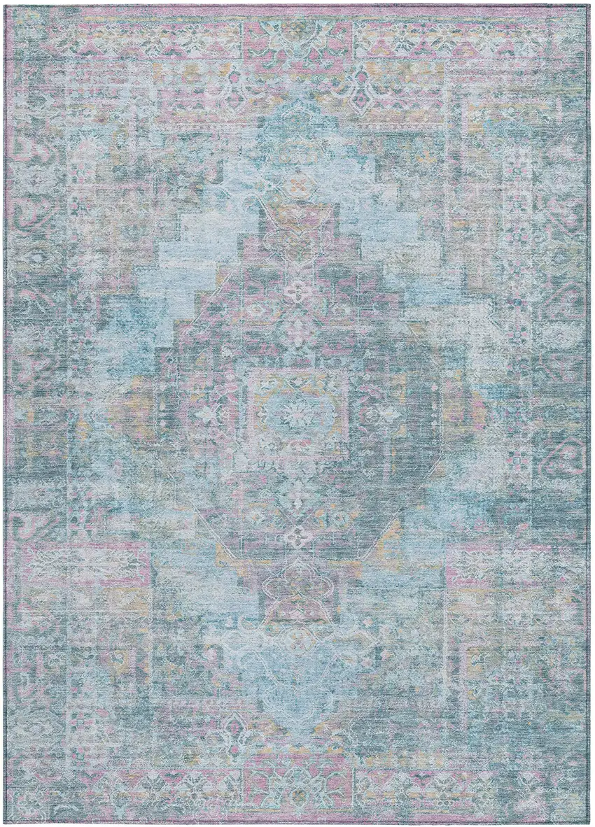 Blue And Pink Medallion Washable Indoor Outdoor Area Rug Photo 3
