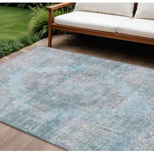 Photo of Blue And Pink Medallion Washable Indoor Outdoor Area Rug