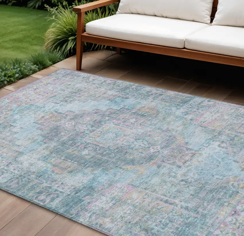 Blue And Pink Medallion Washable Indoor Outdoor Area Rug Photo 1