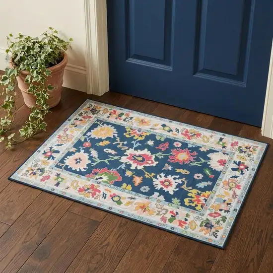 Blue And Pink Oriental Washable Area Rug Photo 1