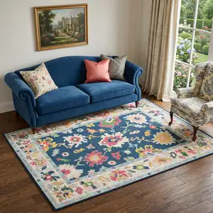 Photo of Blue And Pink Oriental Washable Area Rug