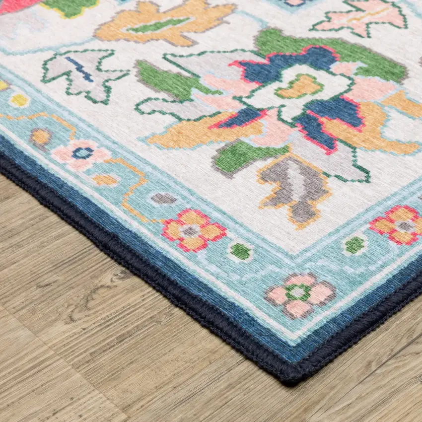 Blue And Pink Oriental Washable Area Rug Photo 5