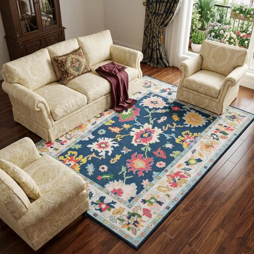 Blue And Pink Oriental Washable Area Rug Photo 1
