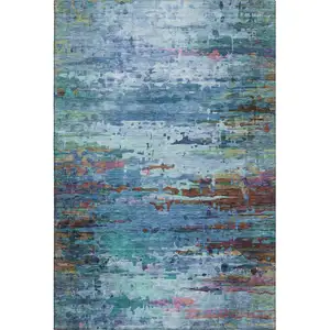 Photo of Blue And Purple Abstract Washable Area Rug With UV Protection