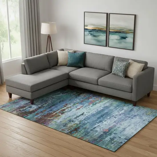 Blue And Purple Abstract Washable Area Rug With UV Protection Photo 2