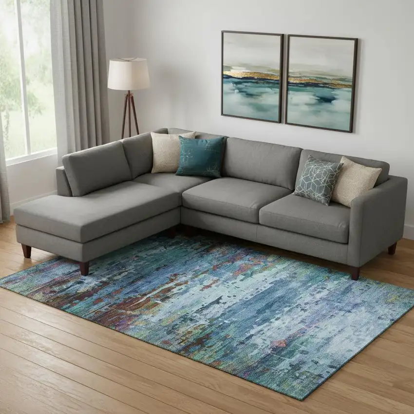 Blue And Purple Abstract Washable Area Rug With UV Protection Photo 2