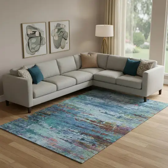 Blue And Purple Abstract Washable Area Rug With UV Protection Photo 2