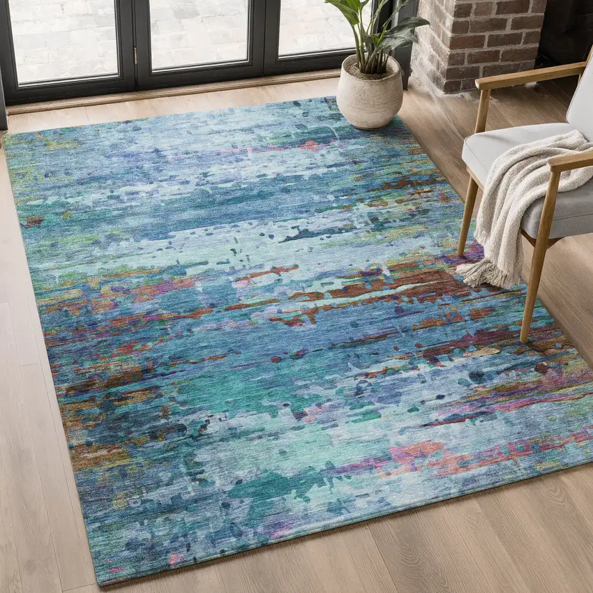 Blue And Purple Abstract Washable Area Rug With UV Protection Photo 5