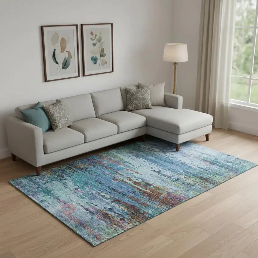 Blue And Purple Abstract Washable Area Rug With UV Protection Photo 2