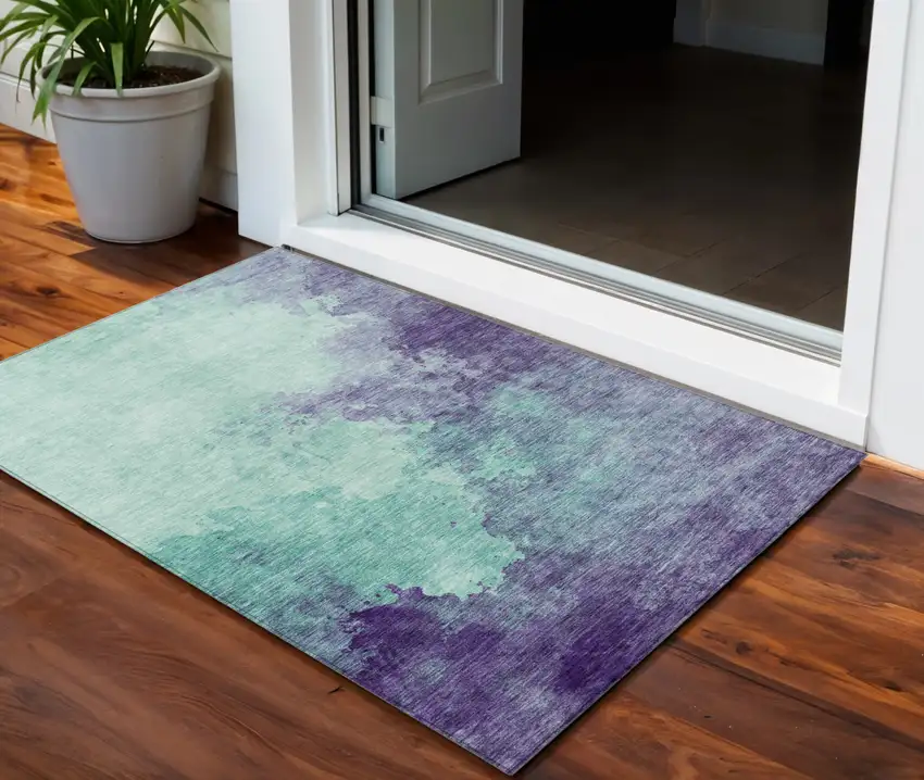 Blue And Purple Abstract Washable Indoor Outdoor Area Rug Photo 1