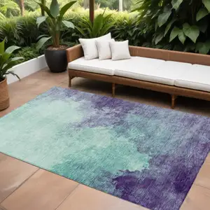 Photo of Blue And Purple Abstract Washable Indoor Outdoor Area Rug