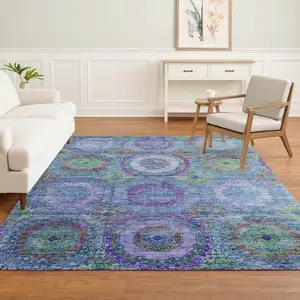 Photo of Blue And Purple Geometric Washable Area Rug With UV Protection