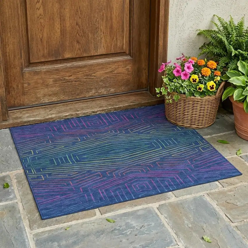 Blue And Purple Geometric Washable Indoor Outdoor Area Rug Photo 1