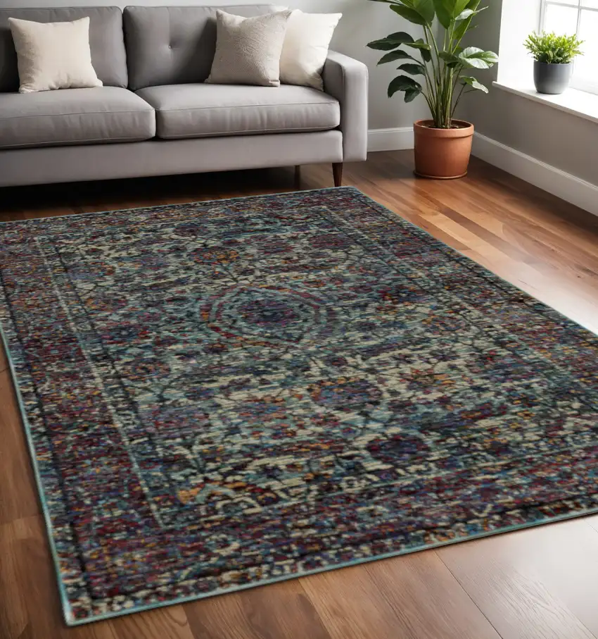 Blue and Purple Oriental Power Loom Area Rug Photo 1