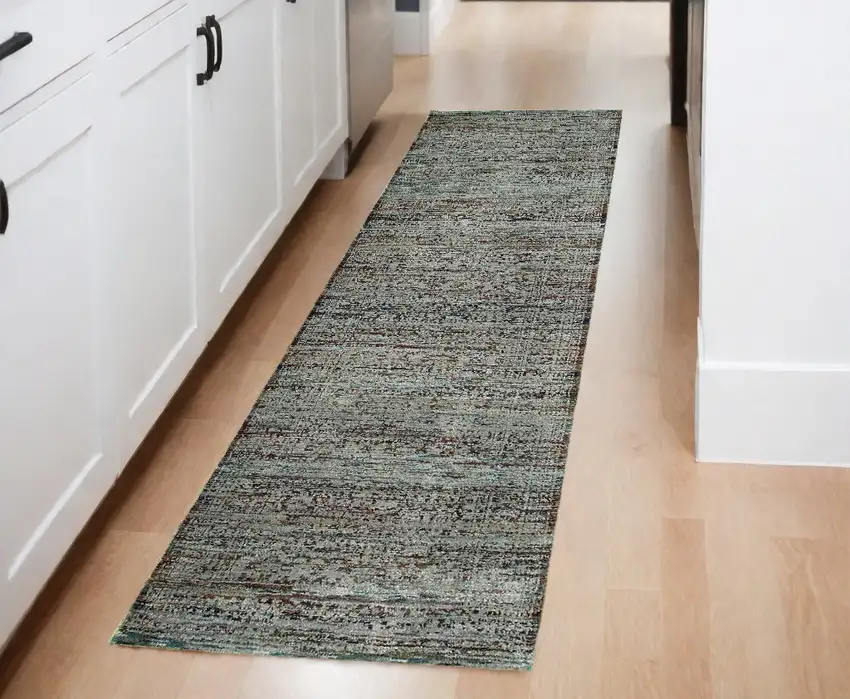 Blue Green Oriental Power Loom Runner Rug Photo 1