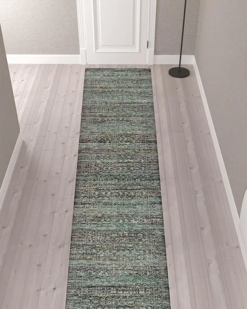 Blue And Purple Oriental Power Loom Stain Resistant Runner Rug Photo 2
