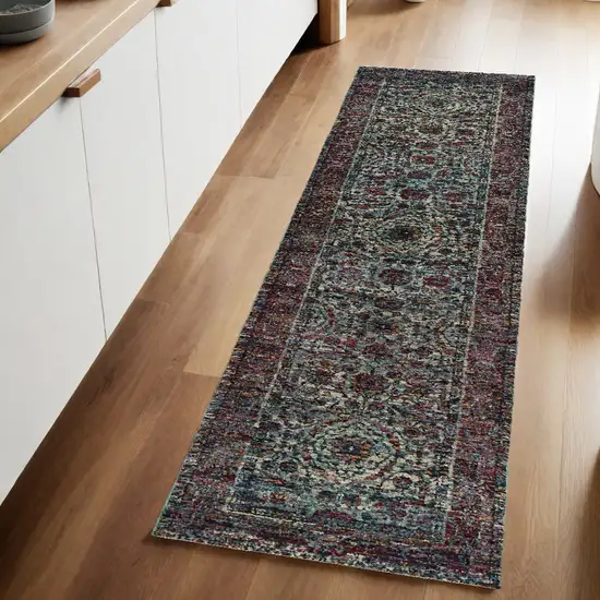 Blue and Purple Oriental Power Loom Runner Rug Photo 1