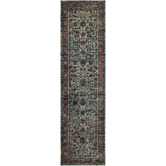 Blue And Purple Oriental Power Loom Stain Resistant Runner Rug Photo 1