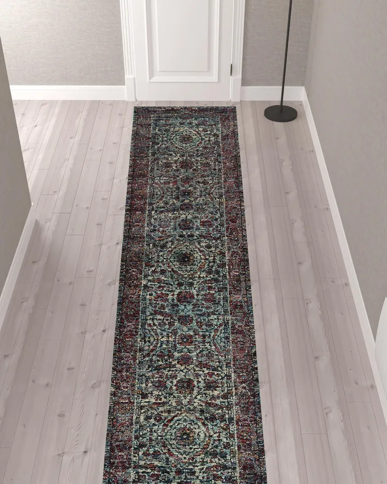 Blue And Purple Oriental Power Loom Stain Resistant Runner Rug Photo 2