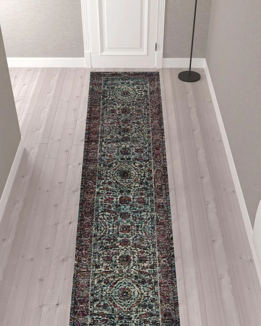Blue And Purple Oriental Power Loom Stain Resistant Runner Rug Photo 2