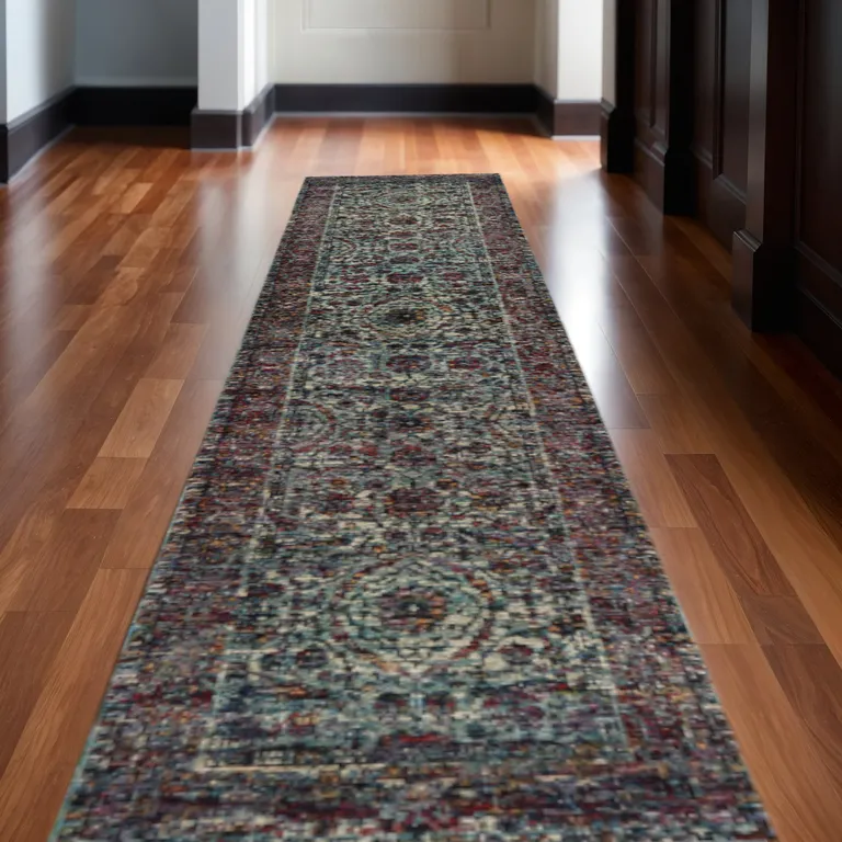 Blue And Purple Oriental Power Loom Stain Resistant Runner Rug Photo 5