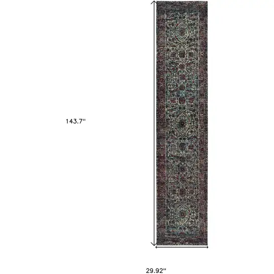 Blue And Purple Oriental Power Loom Stain Resistant Runner Rug Photo 5