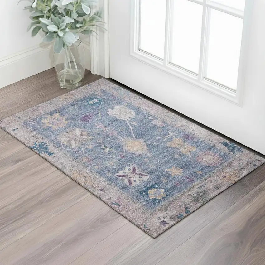 Blue And Purple Oriental Washable Area Rug With UV Protection Photo 2