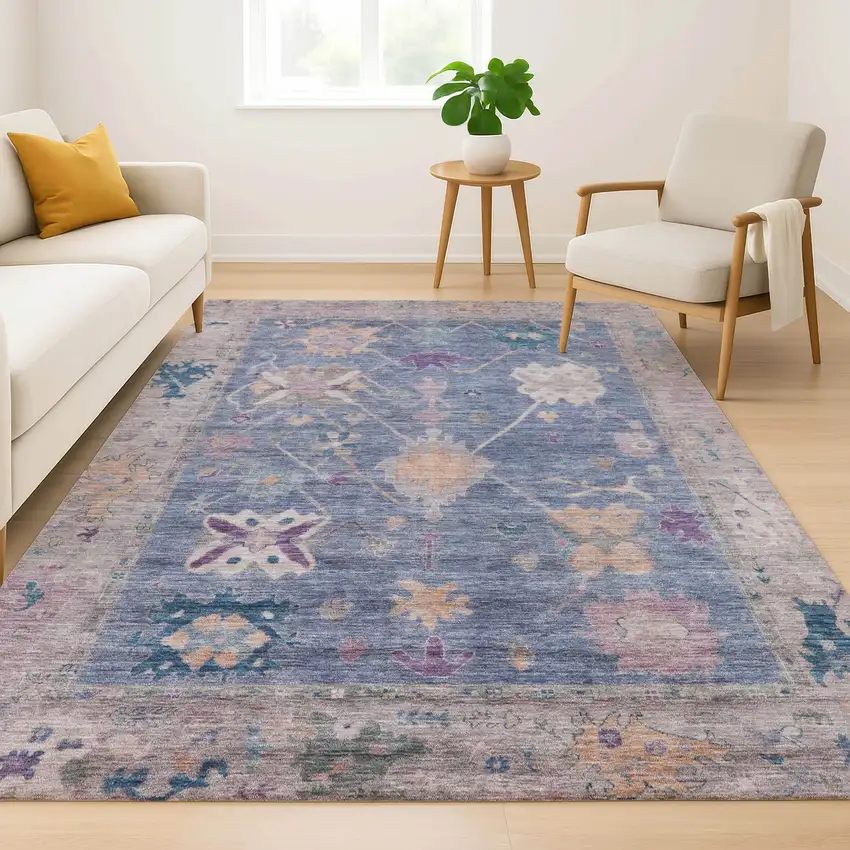 Blue And Purple Oriental Washable Area Rug With UV Protection Photo 6