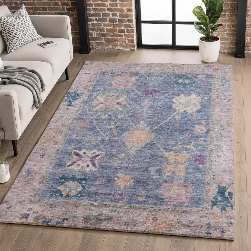 Blue And Purple Oriental Washable Area Rug With UV Protection Photo 5