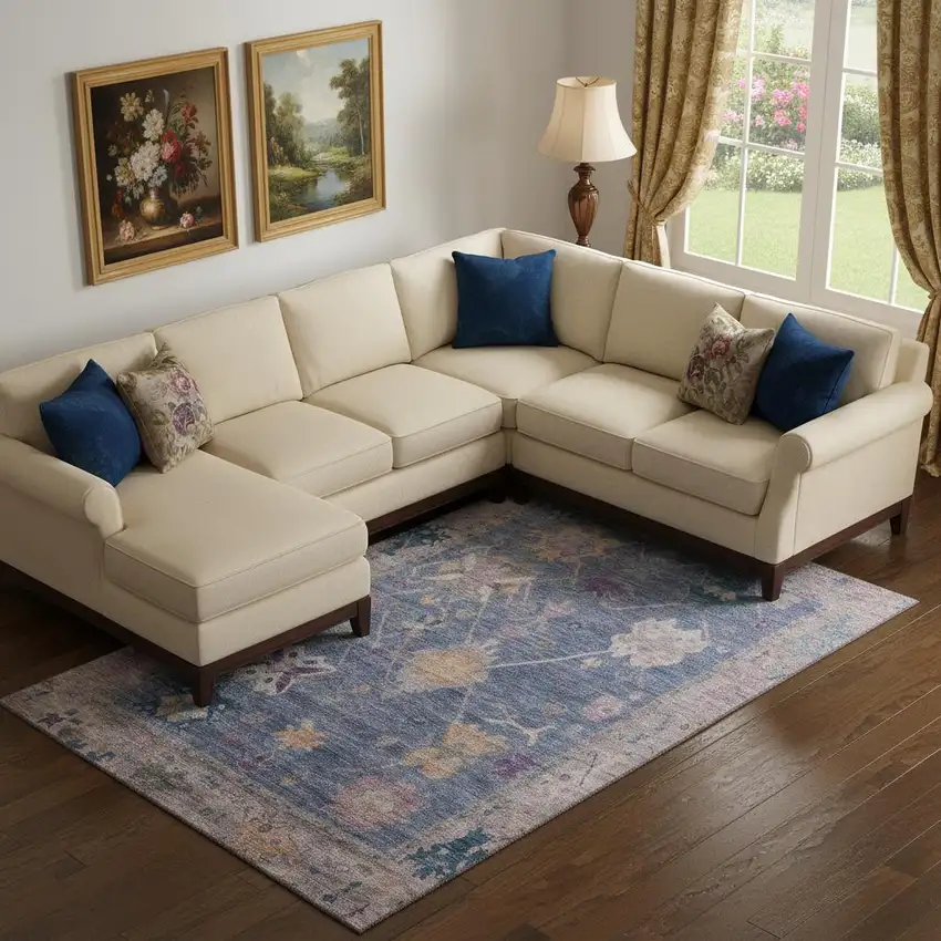 Blue And Purple Oriental Washable Area Rug With UV Protection Photo 2