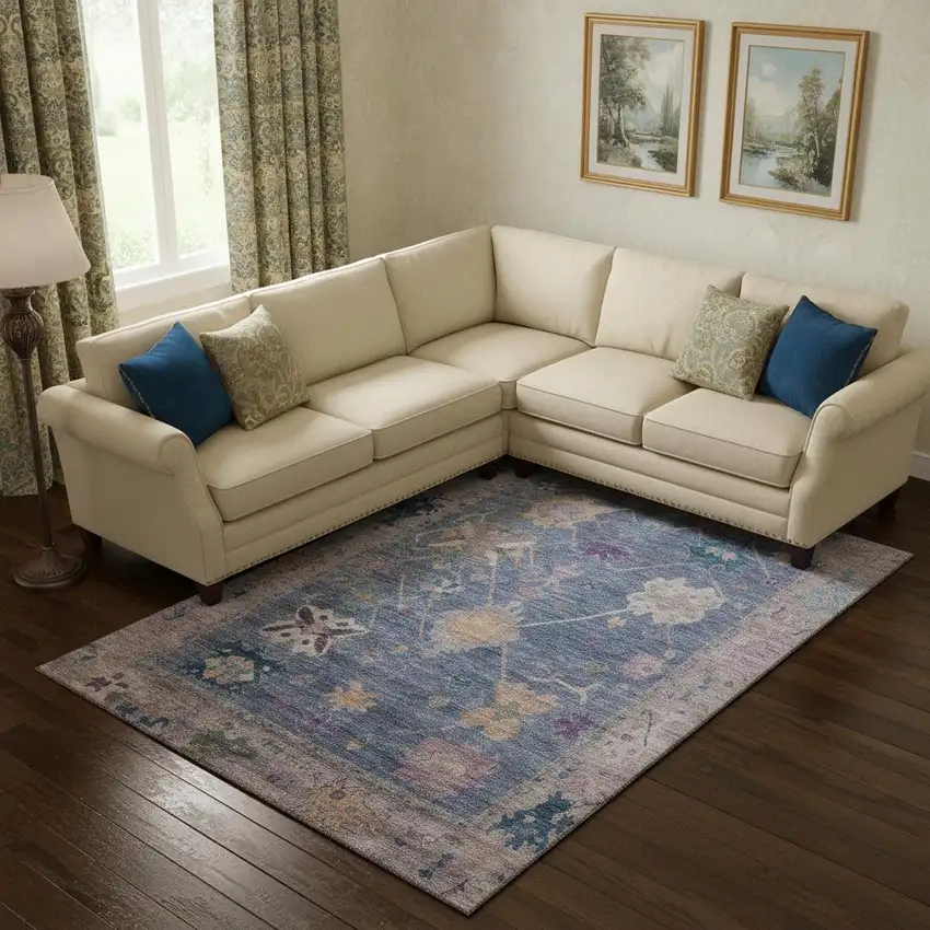 Blue And Purple Oriental Washable Area Rug With UV Protection Photo 2