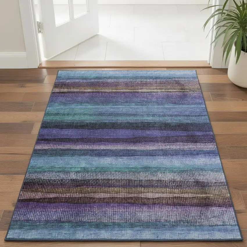 Blue And Purple Striped Washable Area Rug With UV Protection Photo 2