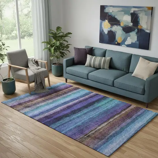 Blue And Purple Striped Washable Area Rug With UV Protection Photo 2