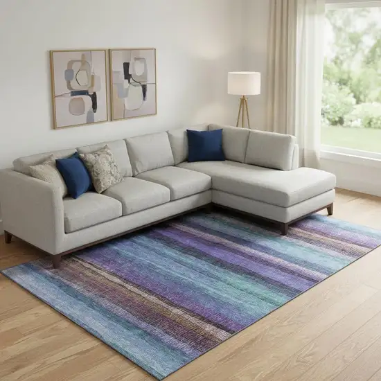 Blue And Purple Striped Washable Area Rug With UV Protection Photo 2