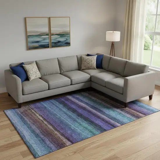 Blue And Purple Striped Washable Area Rug With UV Protection Photo 2