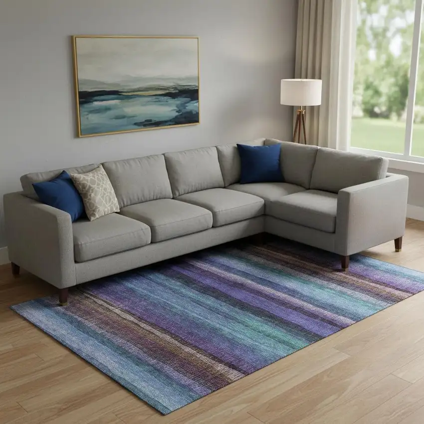 Blue And Purple Striped Washable Area Rug With UV Protection Photo 2