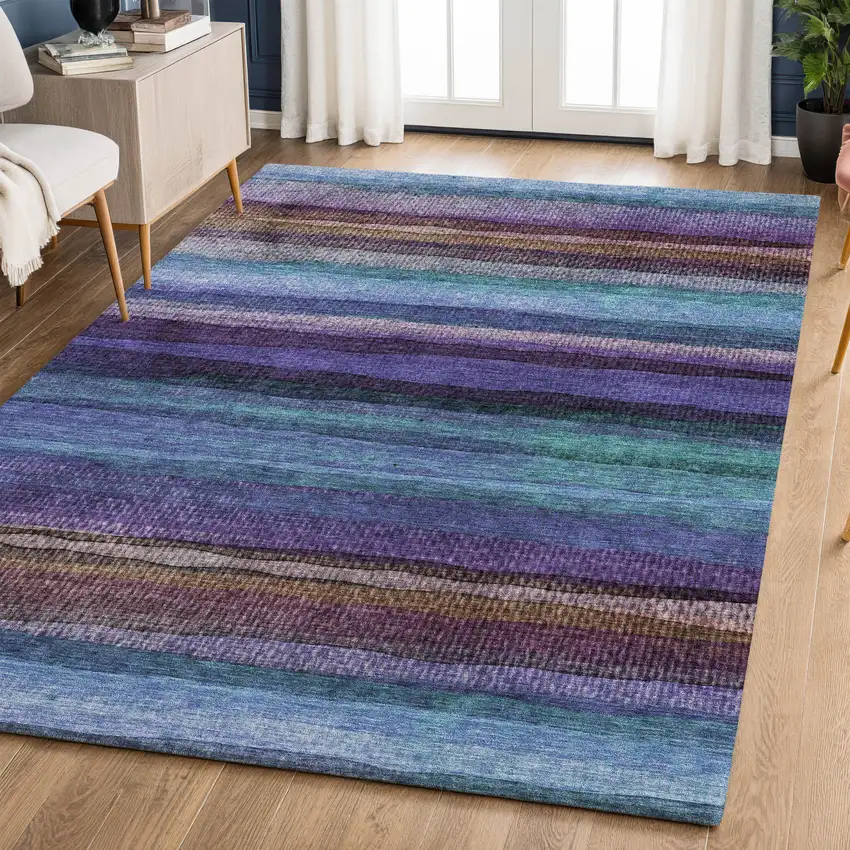 Blue And Purple Striped Washable Area Rug With UV Protection Photo 6