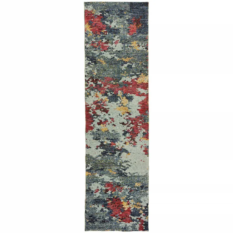 Blue And Red Abstract Power Loom Stain Resistant Runner Rug Photo 1