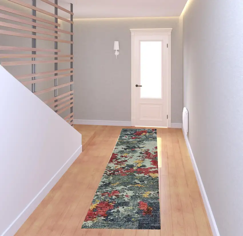 Blue And Red Abstract Power Loom Stain Resistant Runner Rug Photo 2