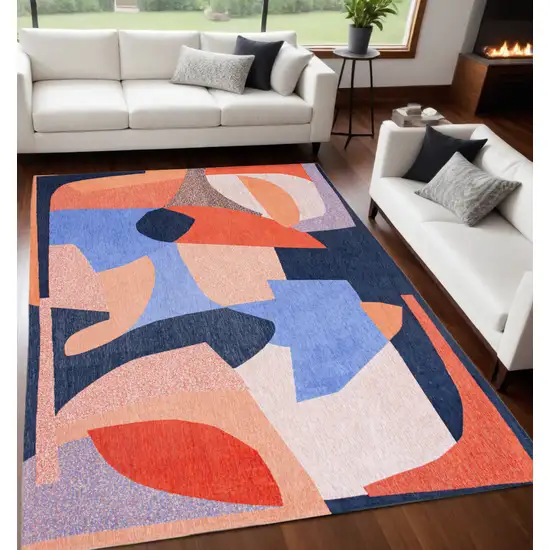Blue And Red Abstract Washable Area Rug Photo 1
