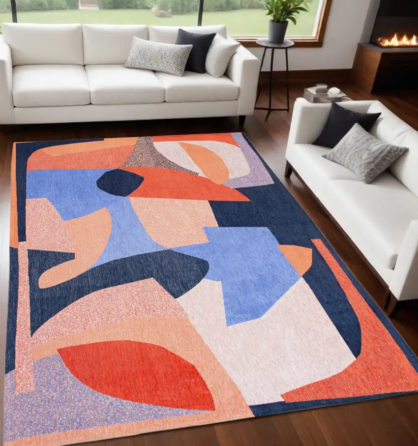 Blue And Red Abstract Washable Area Rug Photo 1