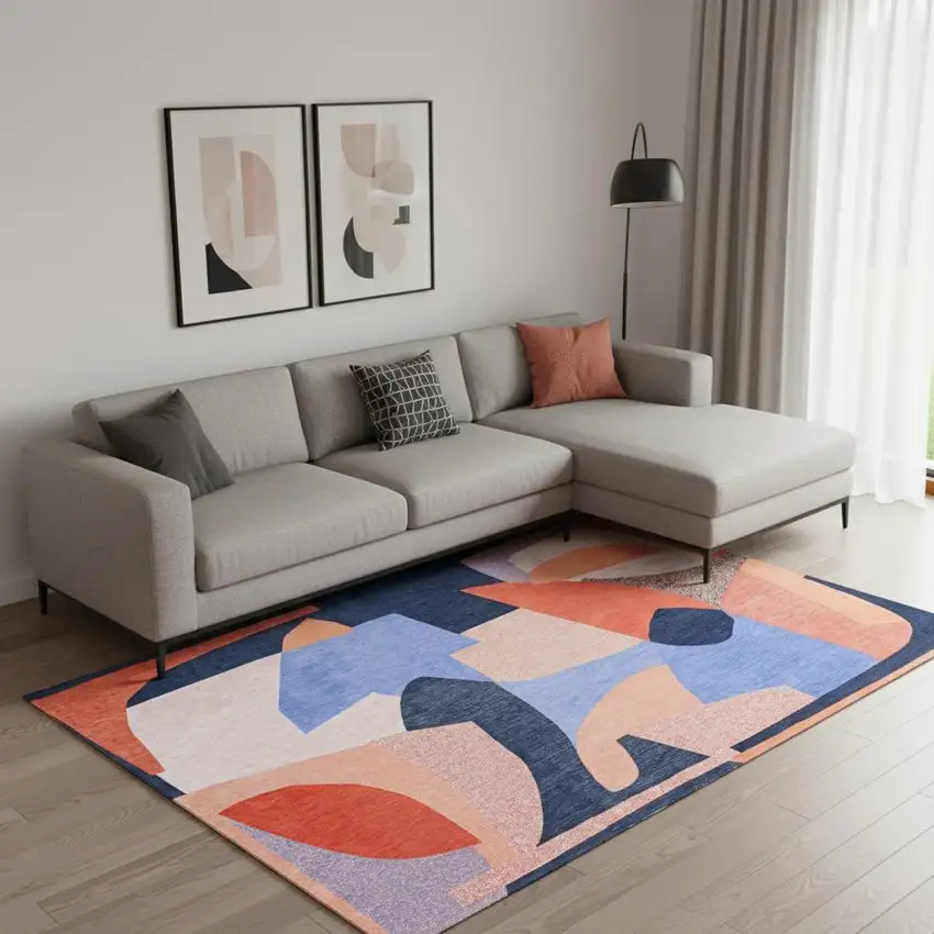 Blue And Red Abstract Washable Area Rug Photo 1