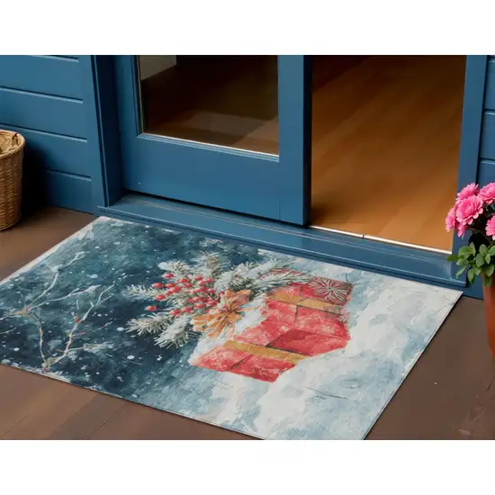 Blue And Red Botanical Leaves Washable Indoor Outdoor Area Rug Photo 2