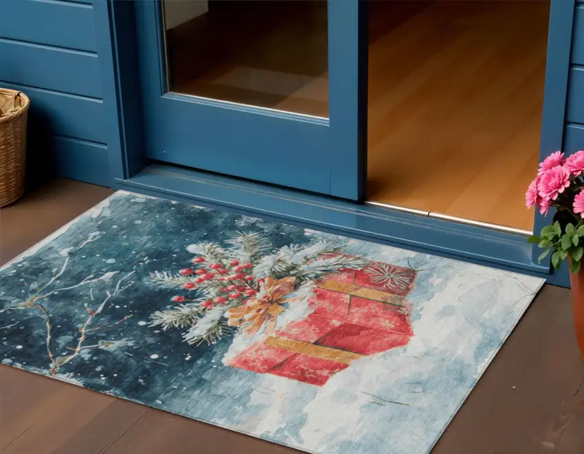 Blue And Red Botanical Leaves Washable Indoor Outdoor Area Rug Photo 2